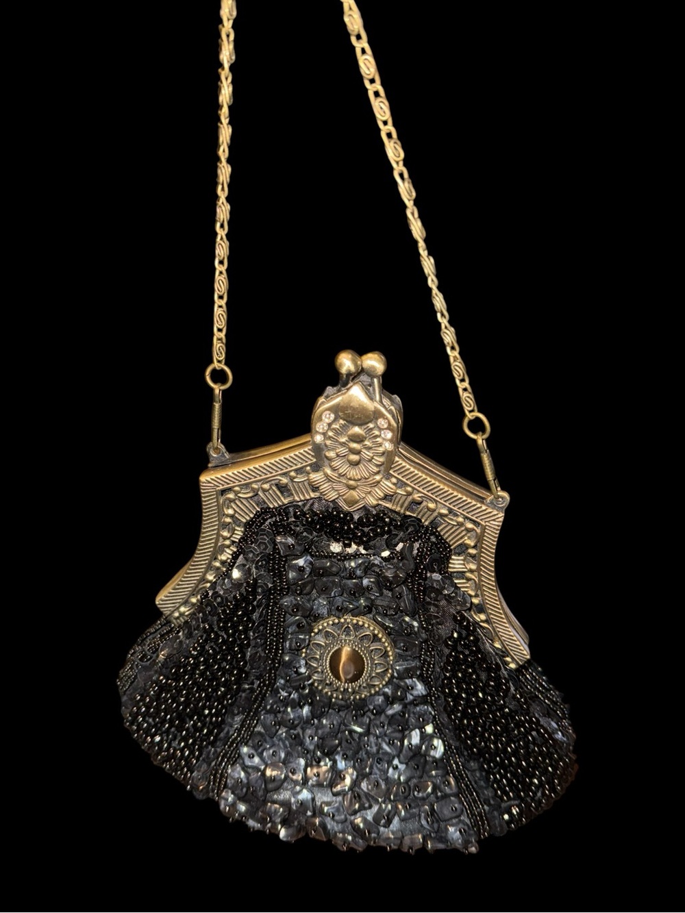Black Beaded Evening Bag Victorian Gothic Kiss Lock Frame Cat’s Eye Cabochon